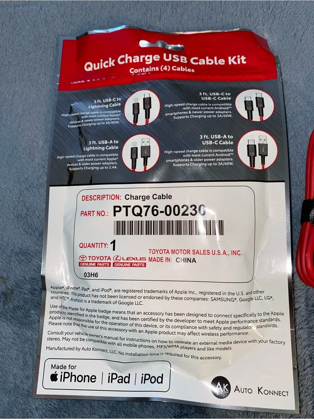 NEW Toyota Quick Charge USB Cable Kit - Red, 4 lightning cables